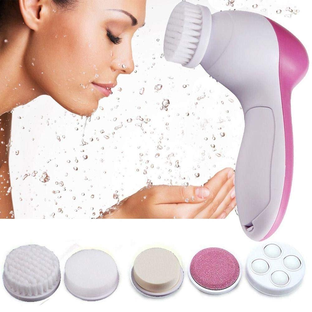 5-in-1 Electric Facial Cleansing Brush – Deep Clean & Massage (Pink)