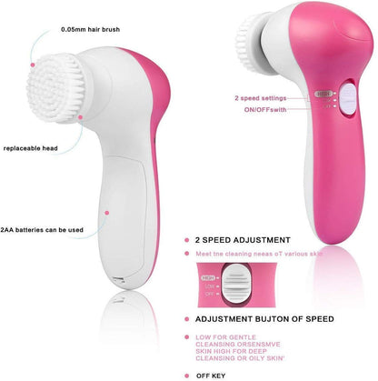 5-in-1 Electric Facial Cleansing Brush – Deep Clean & Massage (Pink)