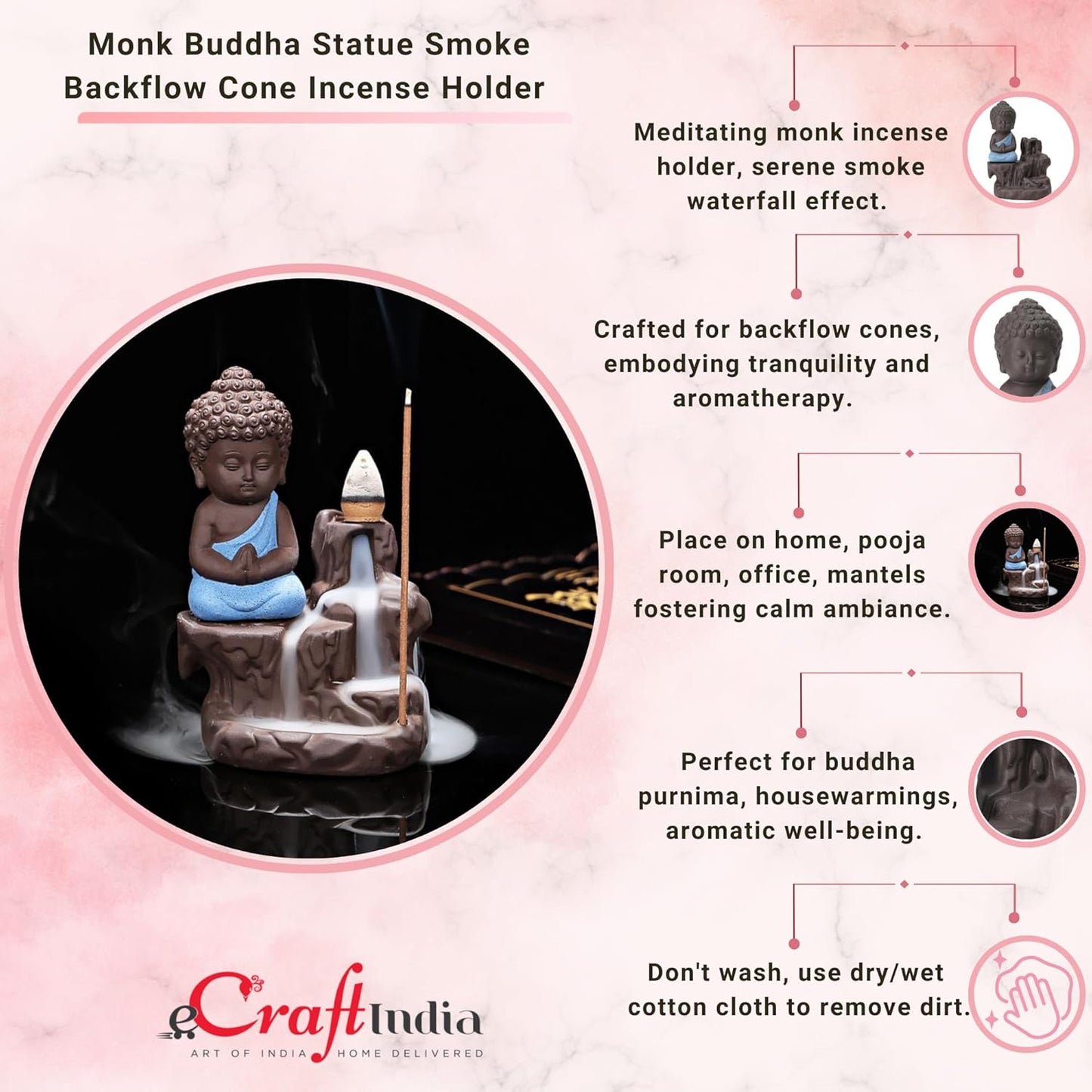 Meditating Buddha Backflow Incense Holder (Blue, 12cm)